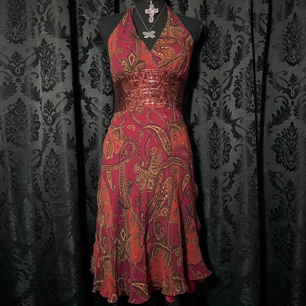 American Vintage Red and Brown Paisley Silk Backless Dress